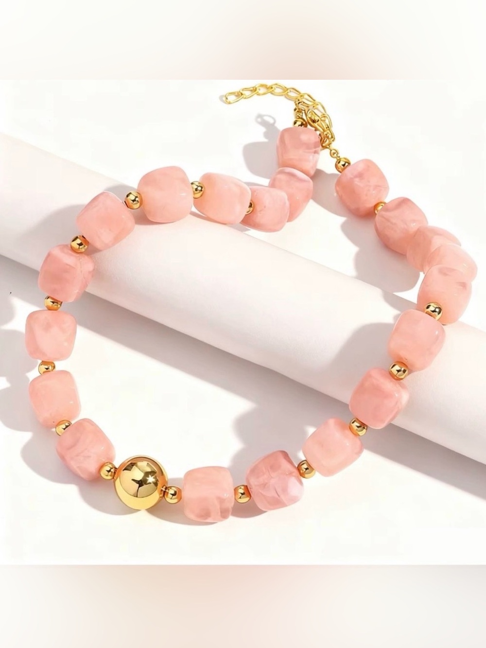 Pink Beaded Necklace with Gold Accent